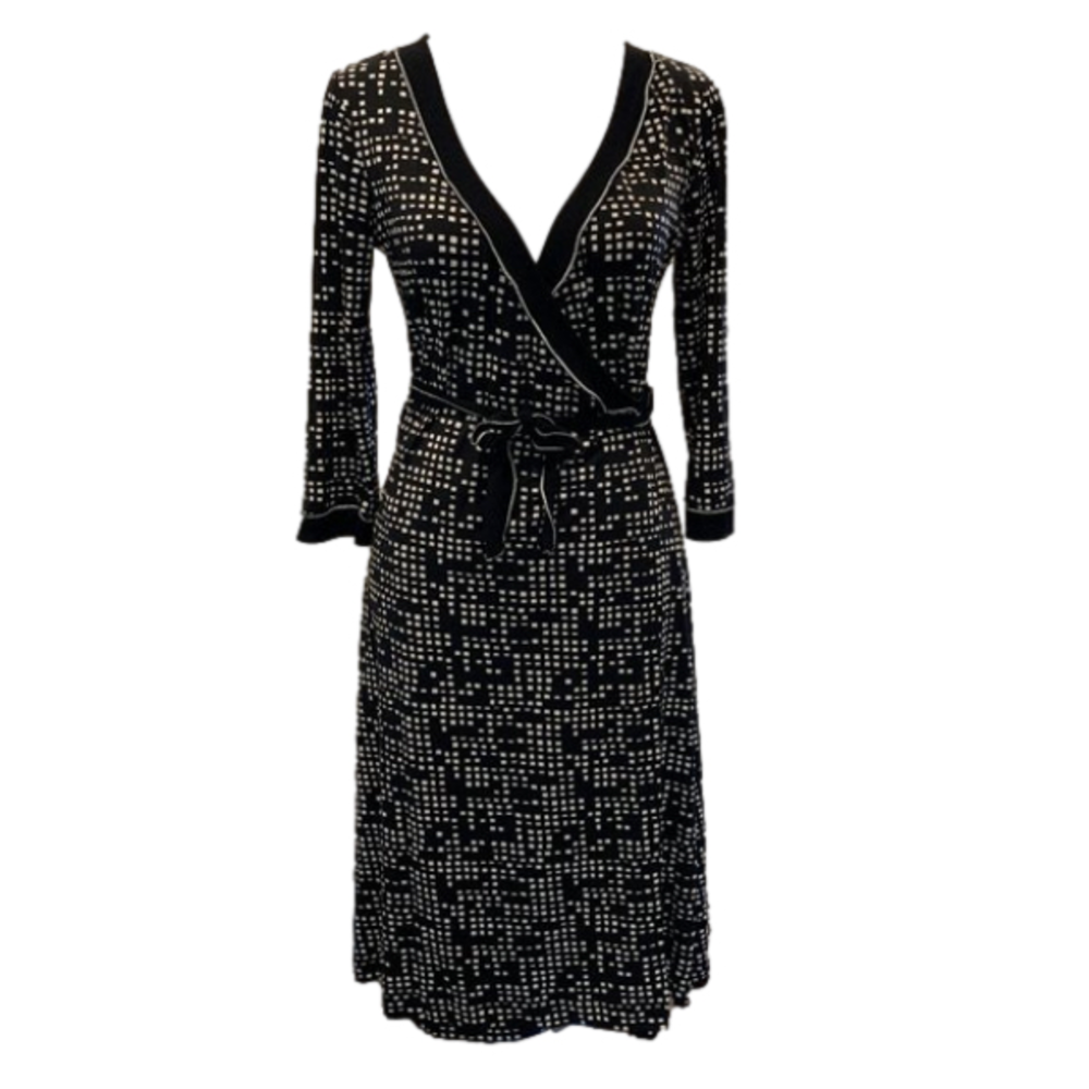 Max Studio Checkered wrap dress, Beige & Black, Long Sleeve, Poly/Spandex blend
